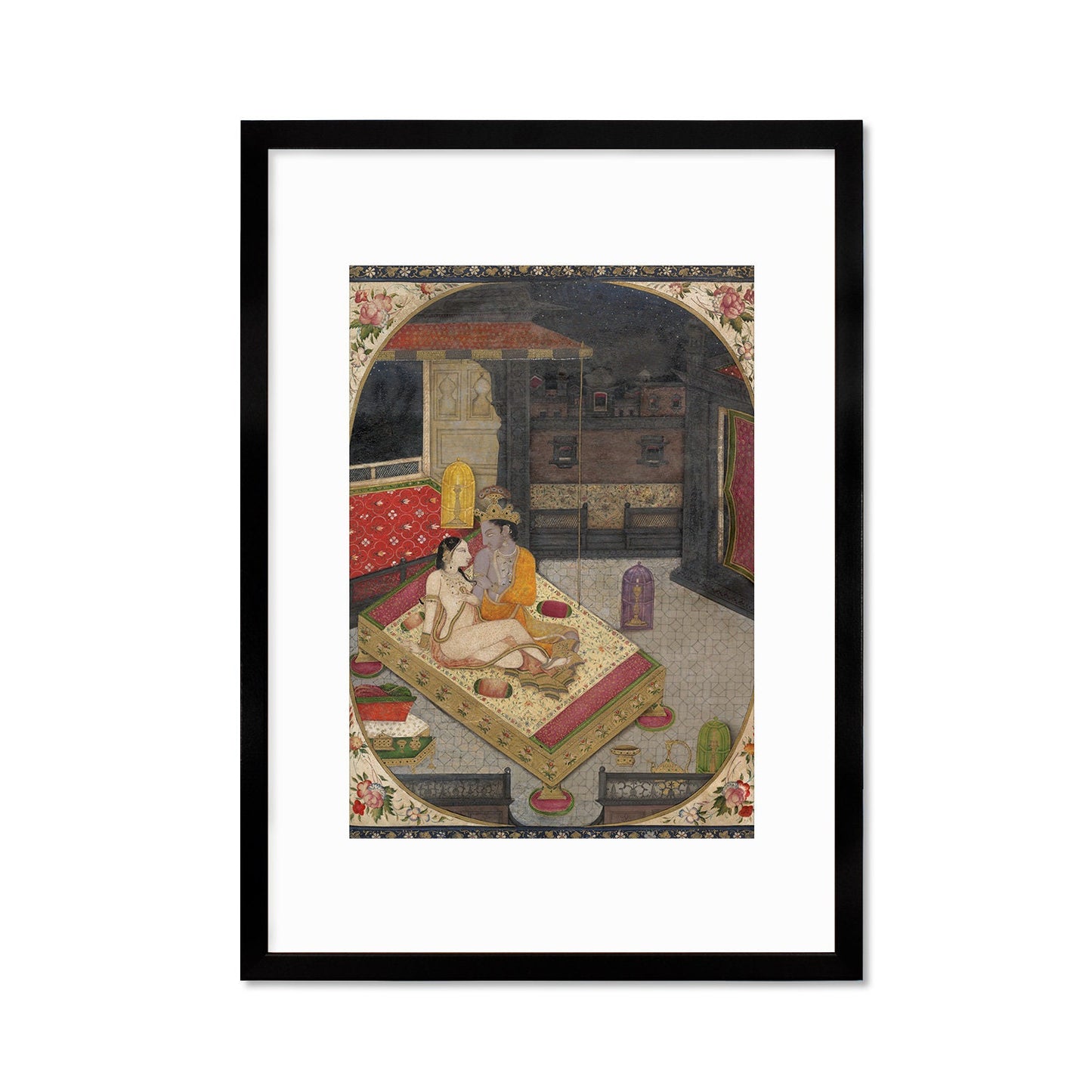 Framed Indian Art Vintage Print Poster Antique Radha and Krishna in Bed at Night Lovers Hindu Gita Govinda Punjab India Painting Sensual