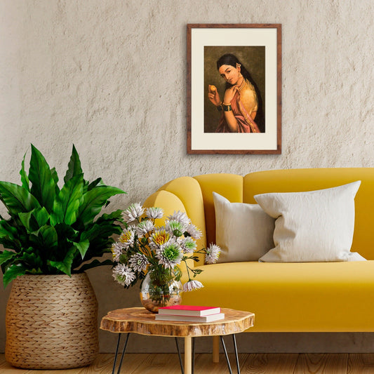 Framed Indian Art Vintage Print Poster Antique Raja Ravi Varma Woman Holding Fruit with India Hindu Kerala Tamil Nadu Painting Beautiful