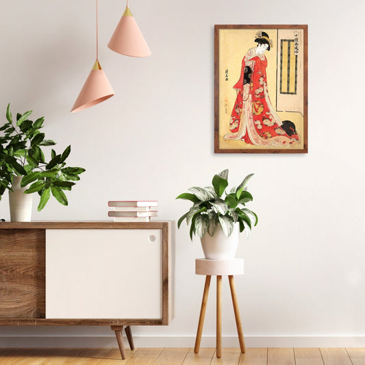 Japanese Art Print Poster Woodblock Ukiyo-e Framed Mounted Wall Kyoto Geisha Maiko Tattoo Beautiful Japan Calligraphy Spaniel Dog Bijin A2
