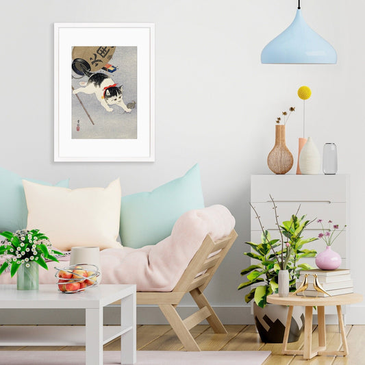 Japanese Art Cat Framed Mounted Ukiyo-e Wall Decor Print Poster Woodblock Koson Shoson Kitten and Lantern Neko Cute Kawaii Pretty Beautiful