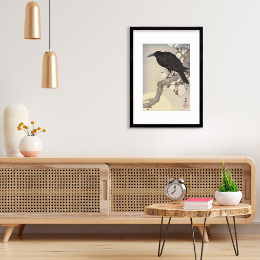 Japanese Art Crow Full Moon Print Poster Woodblock Ukiyo-e Ohara Koson Shoson Raven Bird Framed Mounted Wall Nature Landscape Elegant A3 A2