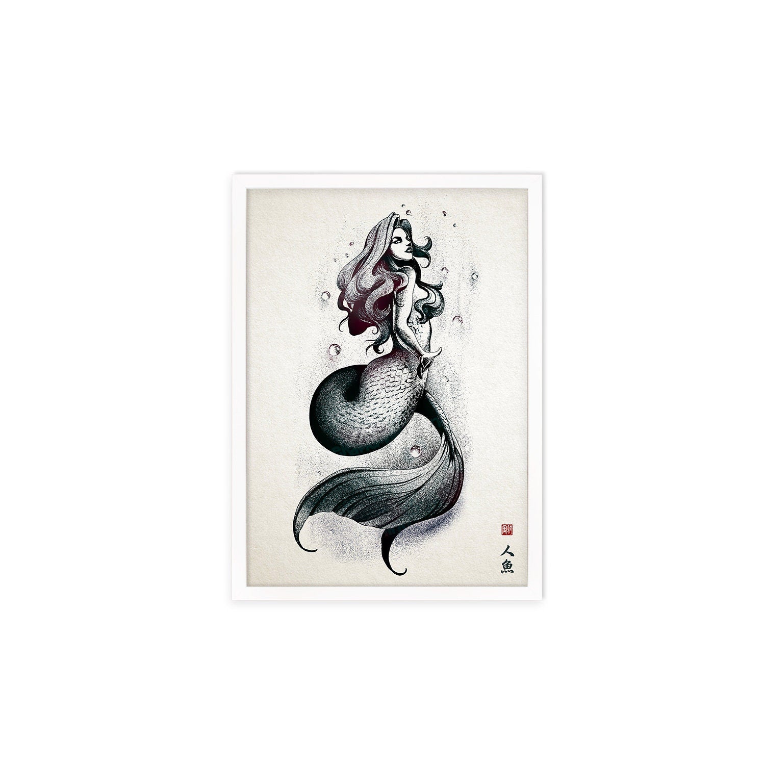 Mermaid Wall Art Framed Print Poster Japanese Calligraphy Yokai Anime Manga Ukiyo-e Woodblock Elegant Room Decor Beautiful Pretty Aesthetic