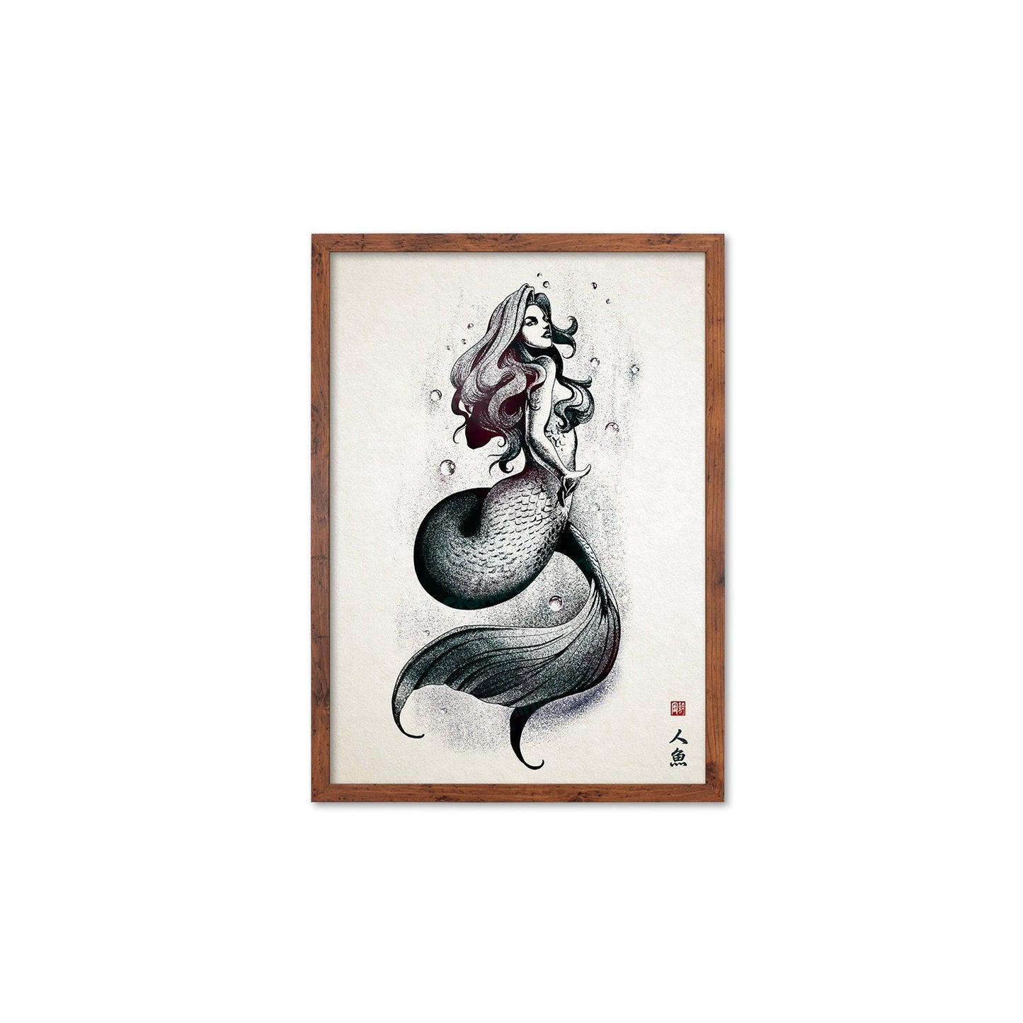 Mermaid Wall Art Framed Print Poster Japanese Calligraphy Yokai Anime Manga Ukiyo-e Woodblock Elegant Room Decor Beautiful Pretty Aesthetic