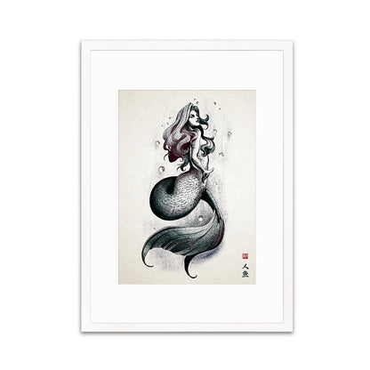 Mermaid Wall Art Framed Print Poster Japanese Calligraphy Yokai Anime Manga Ukiyo-e Woodblock Elegant Room Decor Beautiful Pretty Aesthetic