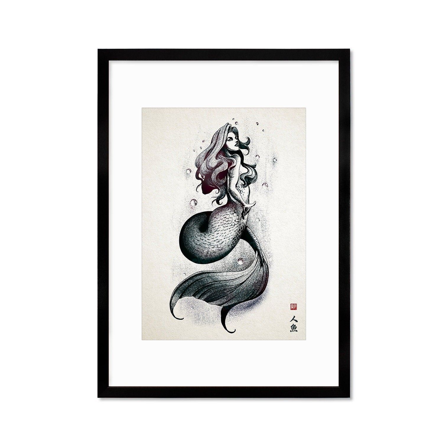 Mermaid Wall Art Framed Print Poster Japanese Calligraphy Yokai Anime Manga Ukiyo-e Woodblock Elegant Room Decor Beautiful Pretty Aesthetic