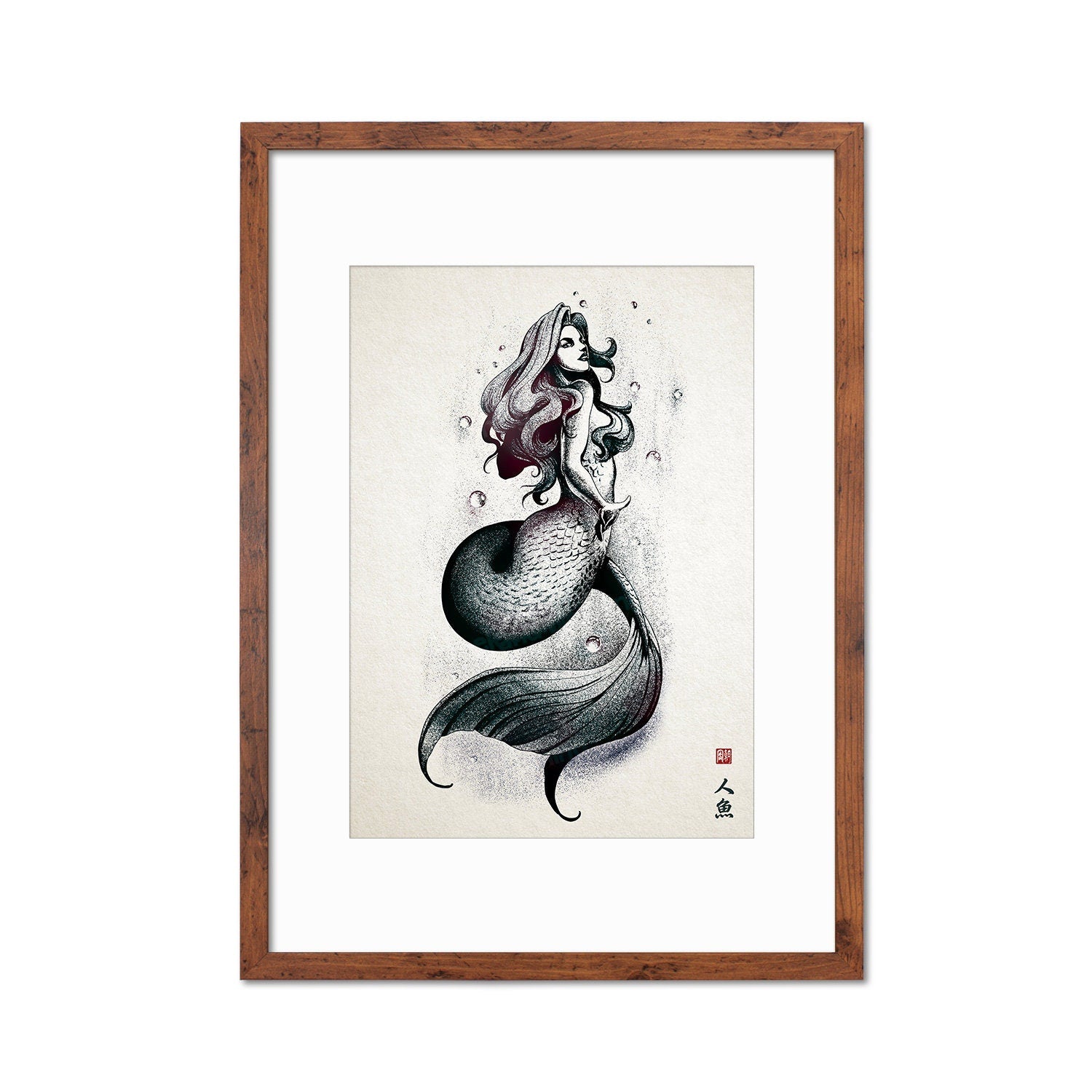 Mermaid Wall Art Framed Print Poster Japanese Calligraphy Yokai Anime Manga Ukiyo-e Woodblock Elegant Room Decor Beautiful Pretty Aesthetic