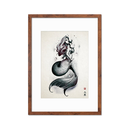 Mermaid Wall Art Framed Print Poster Japanese Calligraphy Yokai Anime Manga Ukiyo-e Woodblock Elegant Room Decor Beautiful Pretty Aesthetic
