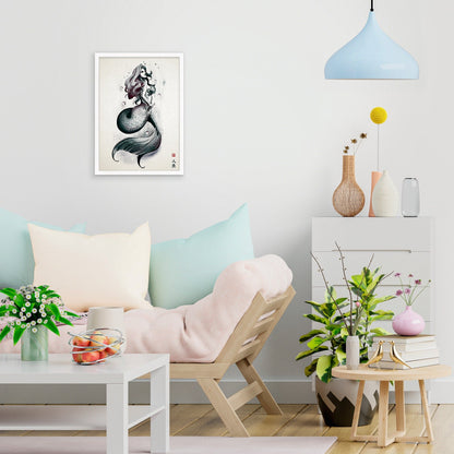 Mermaid Wall Art Framed Print Poster Japanese Calligraphy Yokai Anime Manga Ukiyo-e Woodblock Elegant Room Decor Beautiful Pretty Aesthetic