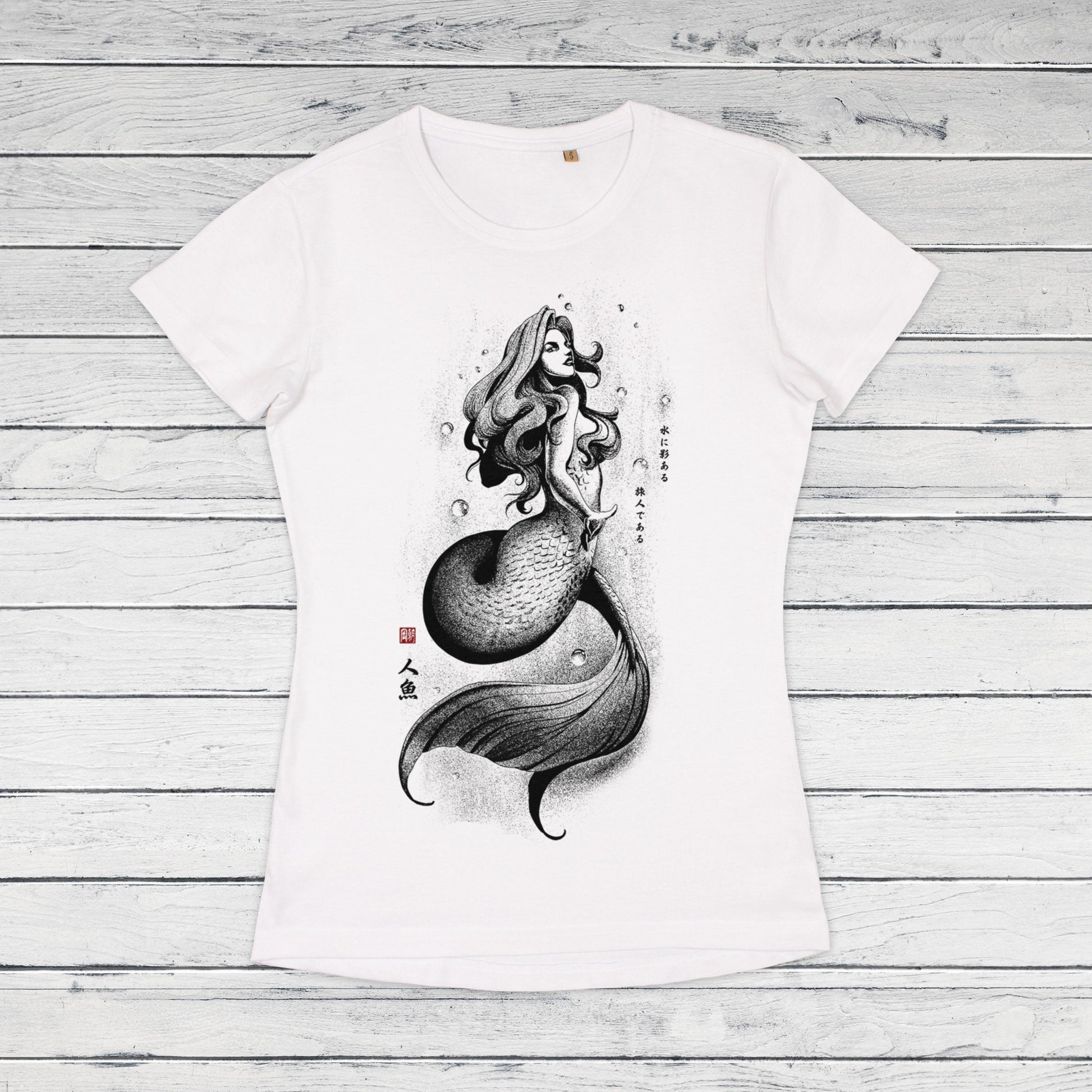 Mermaid Japanese Calligraphy T Shirt Gyotaku Traditional Ukiyo-e Japan Anime Manga Kanji Kyoto Siren Queen Kawaii Womens Girls Printed Tee