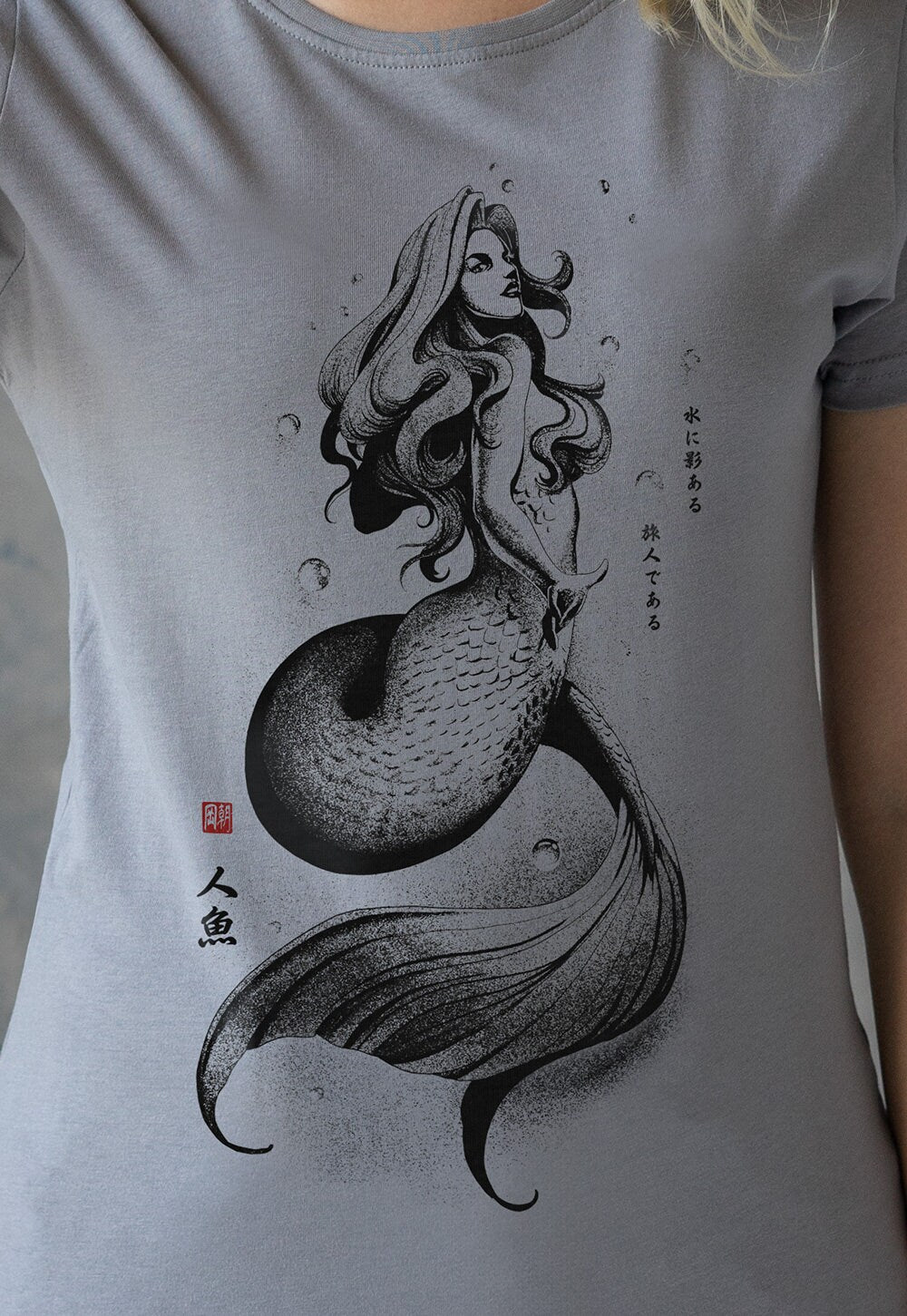 Mermaid Japanese Calligraphy T Shirt Gyotaku Traditional Ukiyo-e Japan Anime Manga Kanji Kyoto Siren Queen Kawaii Womens Girls Printed Tee