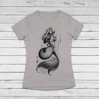 Mermaid Japanese Calligraphy T Shirt Gyotaku Traditional Ukiyo-e Japan Anime Manga Kanji Kyoto Siren Queen Kawaii Womens Girls Printed Tee