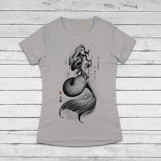 Mermaid Japanese Calligraphy T Shirt Gyotaku Traditional Ukiyo-e Japan Anime Manga Kanji Kyoto Siren Queen Kawaii Womens Girls Printed Tee
