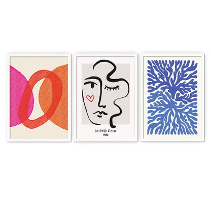 Set of 3 Three Abstract Art Print Posters Framed Frame Wall Home Decor Modern Contemporary Handdrawn Shapes Colorful Minimal Mid-century