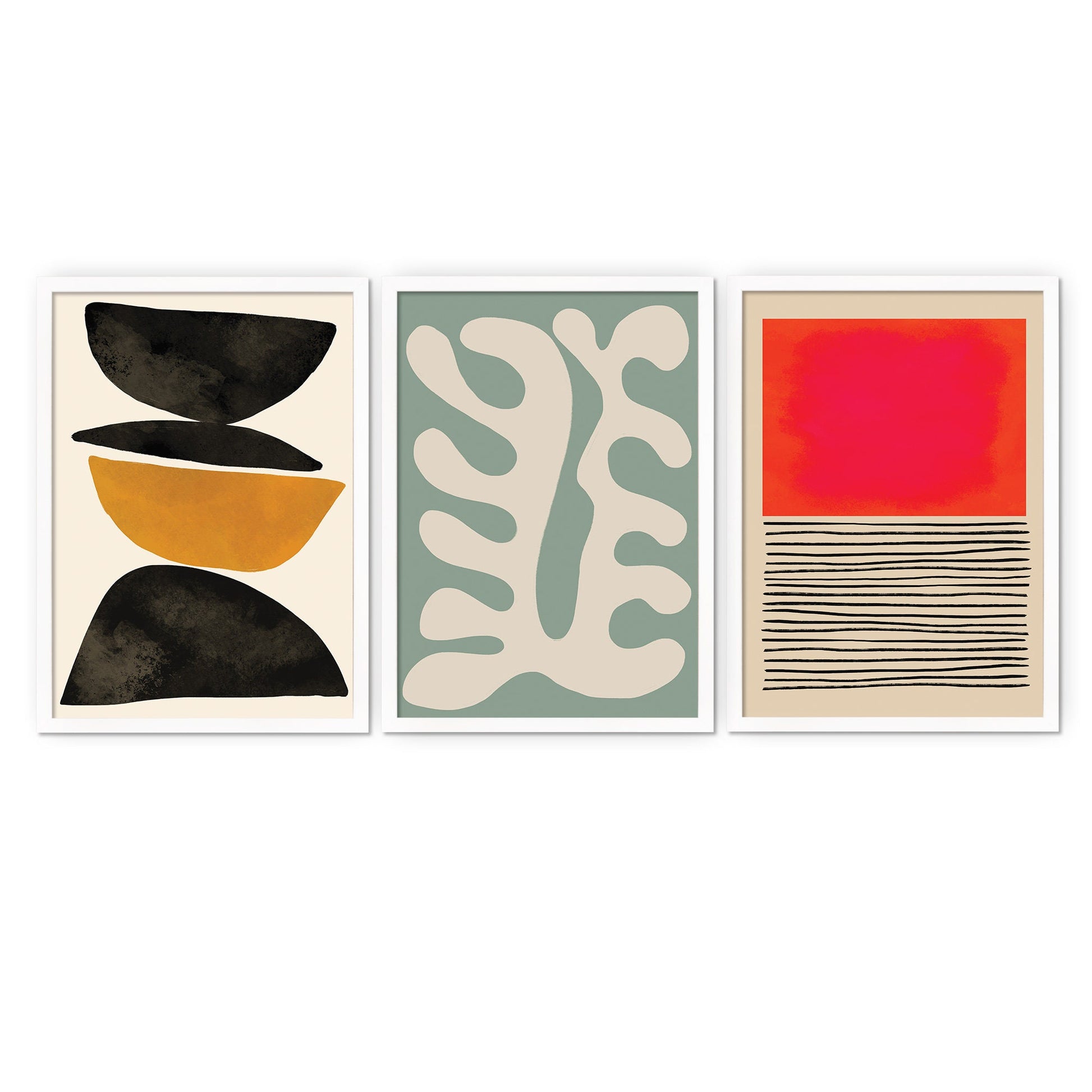 Set of 3 Three Framed Abstract Art Print Posters Wall Home Decor Modern Contemporary Handdrawn Shapes Colorful Serene Beautiful Mid-century