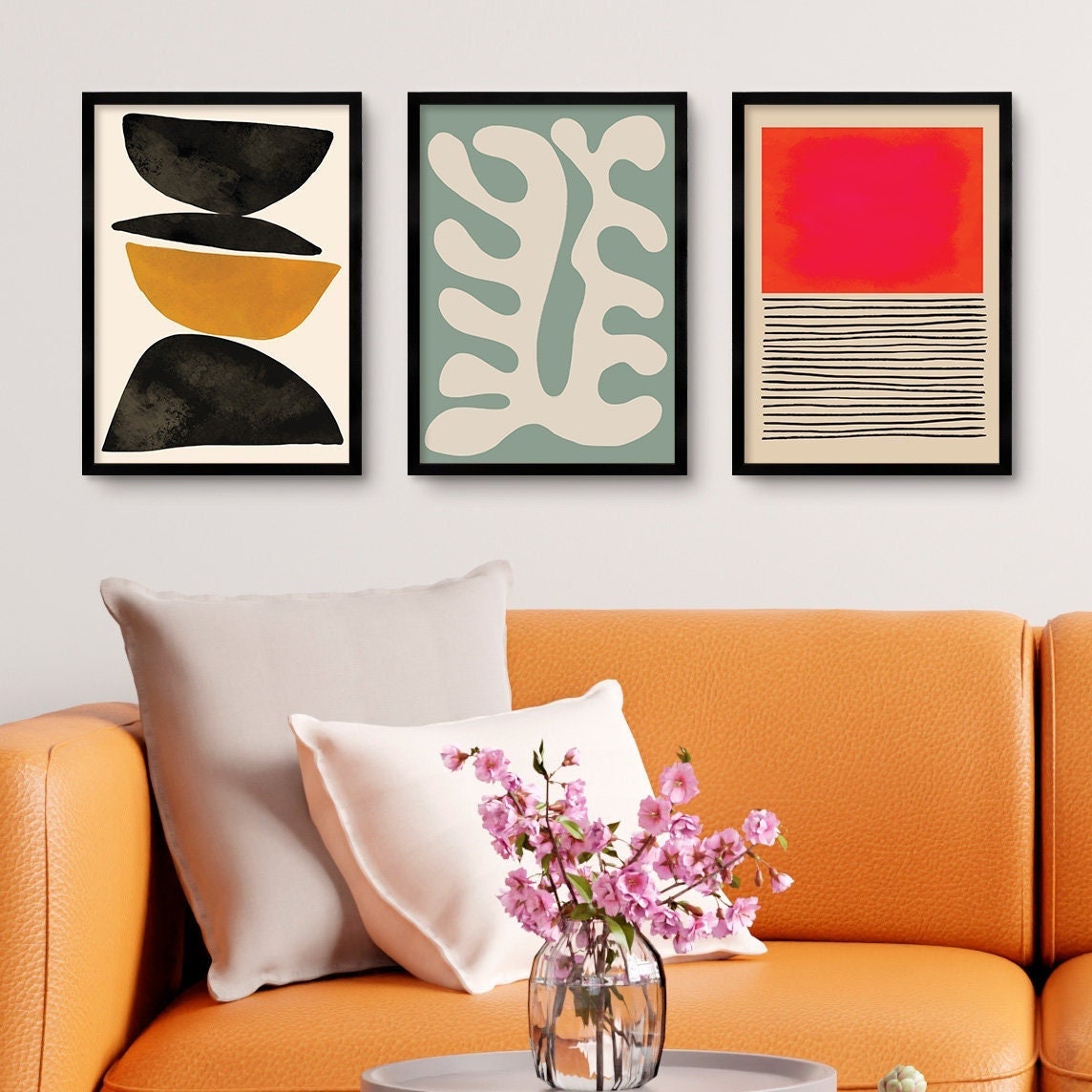 Set of 3 Three Framed Abstract Art Print Posters Wall Home Decor Modern Contemporary Handdrawn Shapes Colorful Serene Beautiful Mid-century