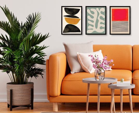 Set of 3 Three Framed Abstract Art Print Posters Wall Home Decor Modern Contemporary Handdrawn Shapes Colorful Serene Beautiful Mid-century