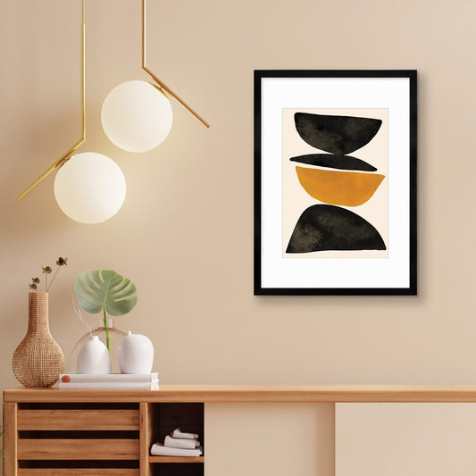 Framed Abstract Art Print Poster Wall Home Decor Modern Contemporary Brown Gold Black Calm Shapes Unique Beautiful Minimal Cairn Mid-century