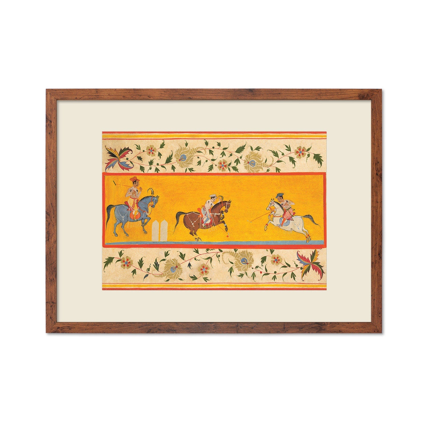 Indian Art Vintage Framed Print Poster Antique Three Polo Players Hindu Rajasthan Punjab India Kerala Maharaj Raja Painting Beautiful Frame