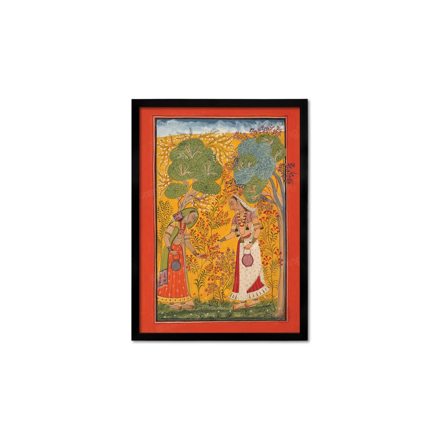 Framed Indian Art Vintage Print Poster Antique Vasanti Ragini Mehndi Henna Spring Hindu Ragamala Punjab India Painting Beautiful Garden Rani