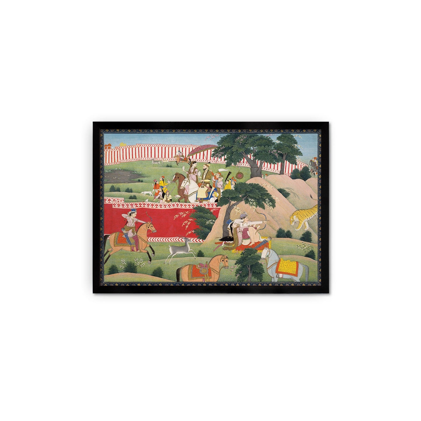 Framed Indian Art Vintage Print Poster Antique Pleasures of the Hunt Lovers Hindu Punjab India Painting Tiger Elephant Sensual Erotic Couple