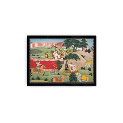 Framed Indian Art Vintage Print Poster Antique Pleasures of the Hunt Lovers Hindu Punjab India Painting Tiger Elephant Sensual Erotic Couple