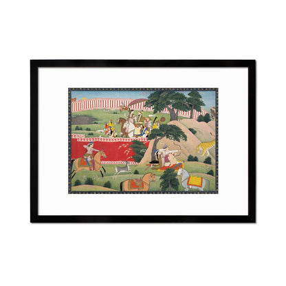 Framed Indian Art Vintage Print Poster Antique Pleasures of the Hunt Lovers Hindu Punjab India Painting Tiger Elephant Sensual Erotic Couple