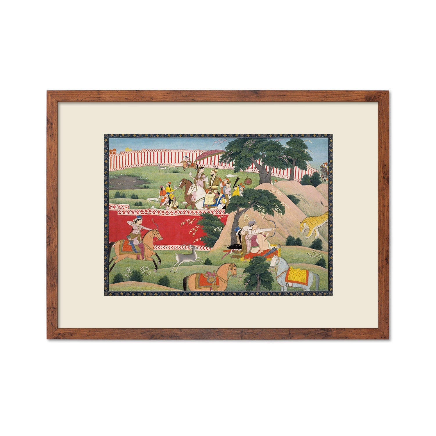Framed Indian Art Vintage Print Poster Antique Pleasures of the Hunt Lovers Hindu Punjab India Painting Tiger Elephant Sensual Erotic Couple