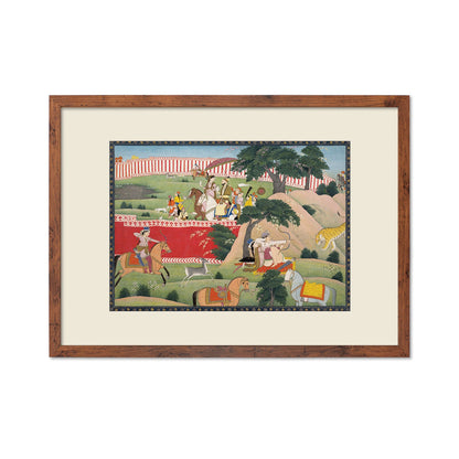 Framed Indian Art Vintage Print Poster Antique Pleasures of the Hunt Lovers Hindu Punjab India Painting Tiger Elephant Sensual Erotic Couple