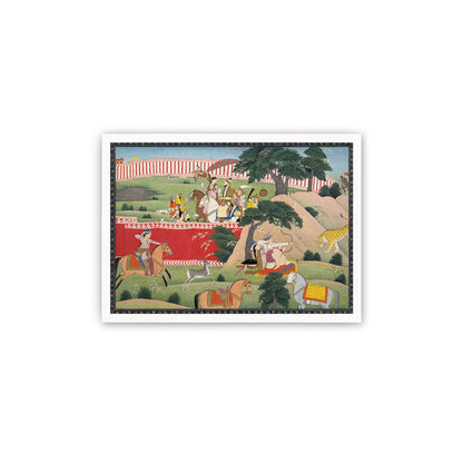 Framed Indian Art Vintage Print Poster Antique Pleasures of the Hunt Lovers Hindu Punjab India Painting Tiger Elephant Sensual Erotic Couple