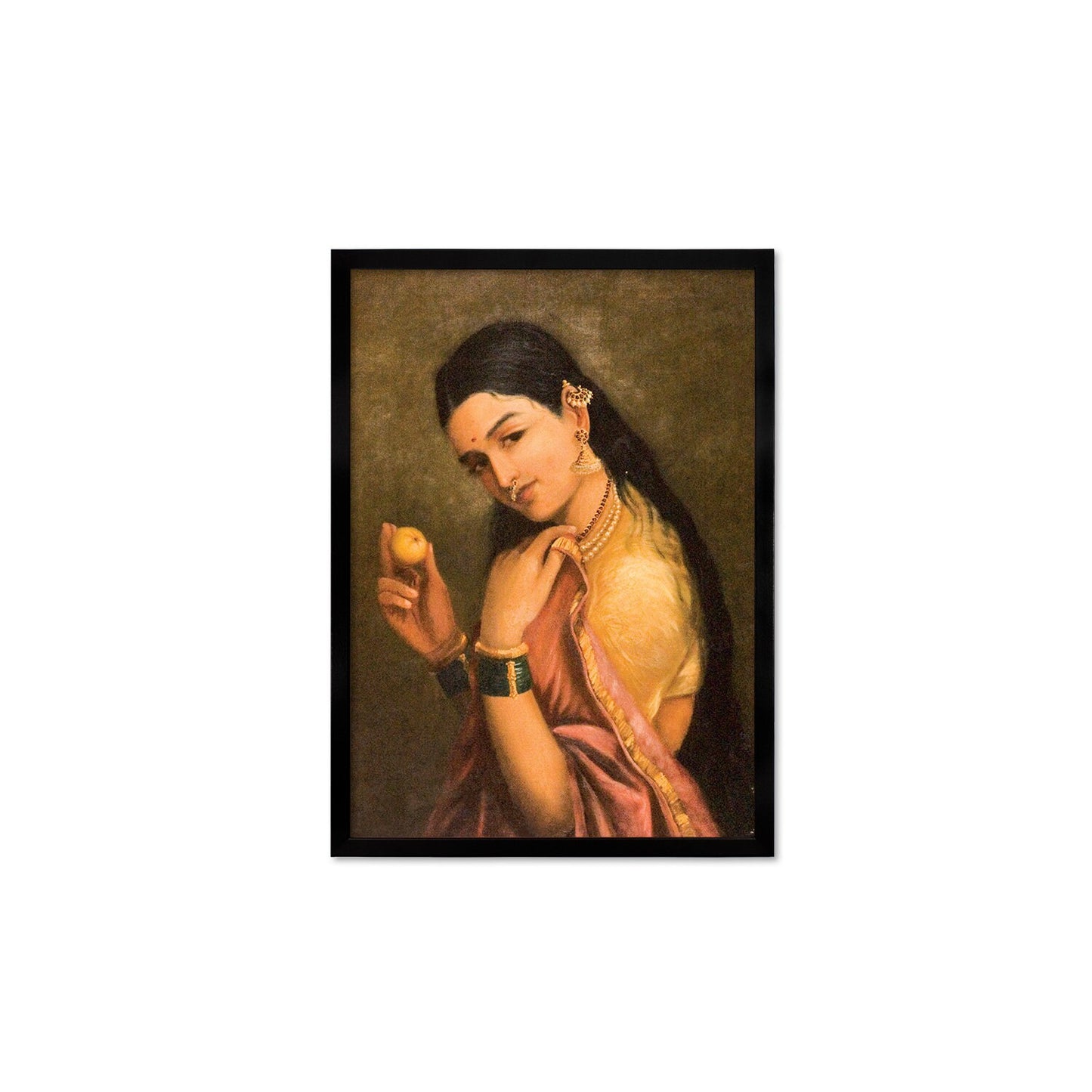 Framed Indian Art Vintage Print Poster Antique Raja Ravi Varma Woman Holding Fruit with India Hindu Kerala Tamil Nadu Painting Beautiful