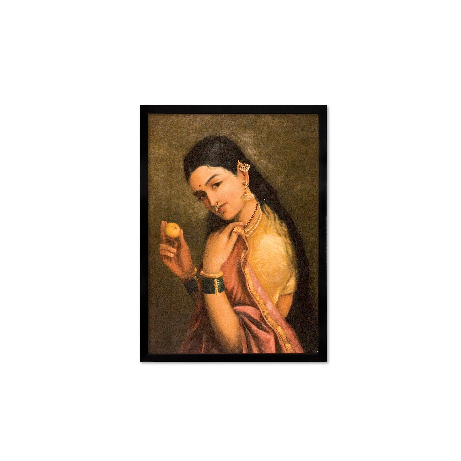 Framed Indian Art Vintage Print Poster Antique Raja Ravi Varma Woman Holding Fruit with India Hindu Kerala Tamil Nadu Painting Beautiful