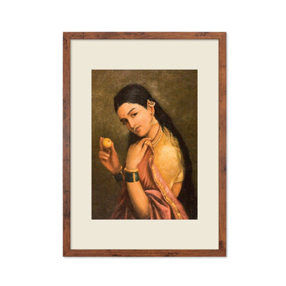 Framed Indian Art Vintage Print Poster Antique Raja Ravi Varma Woman Holding Fruit with India Hindu Kerala Tamil Nadu Painting Beautiful