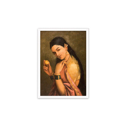 Framed Indian Art Vintage Print Poster Antique Raja Ravi Varma Woman Holding Fruit with India Hindu Kerala Tamil Nadu Painting Beautiful