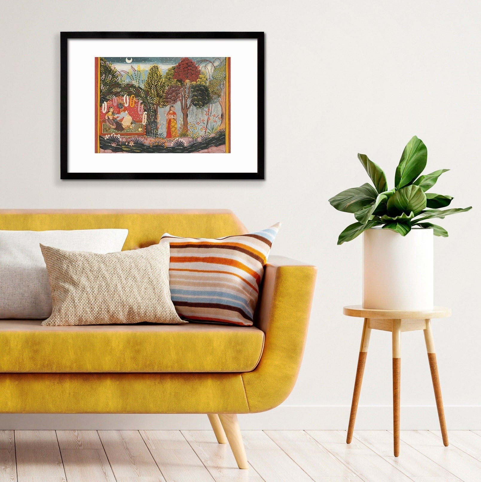 Framed Indian Art Vintage Print Poster Antique Radha and Krishna in a Bower Garden Lovers Sahibdin Hindu Gita Govinda Painting Sensual Frame