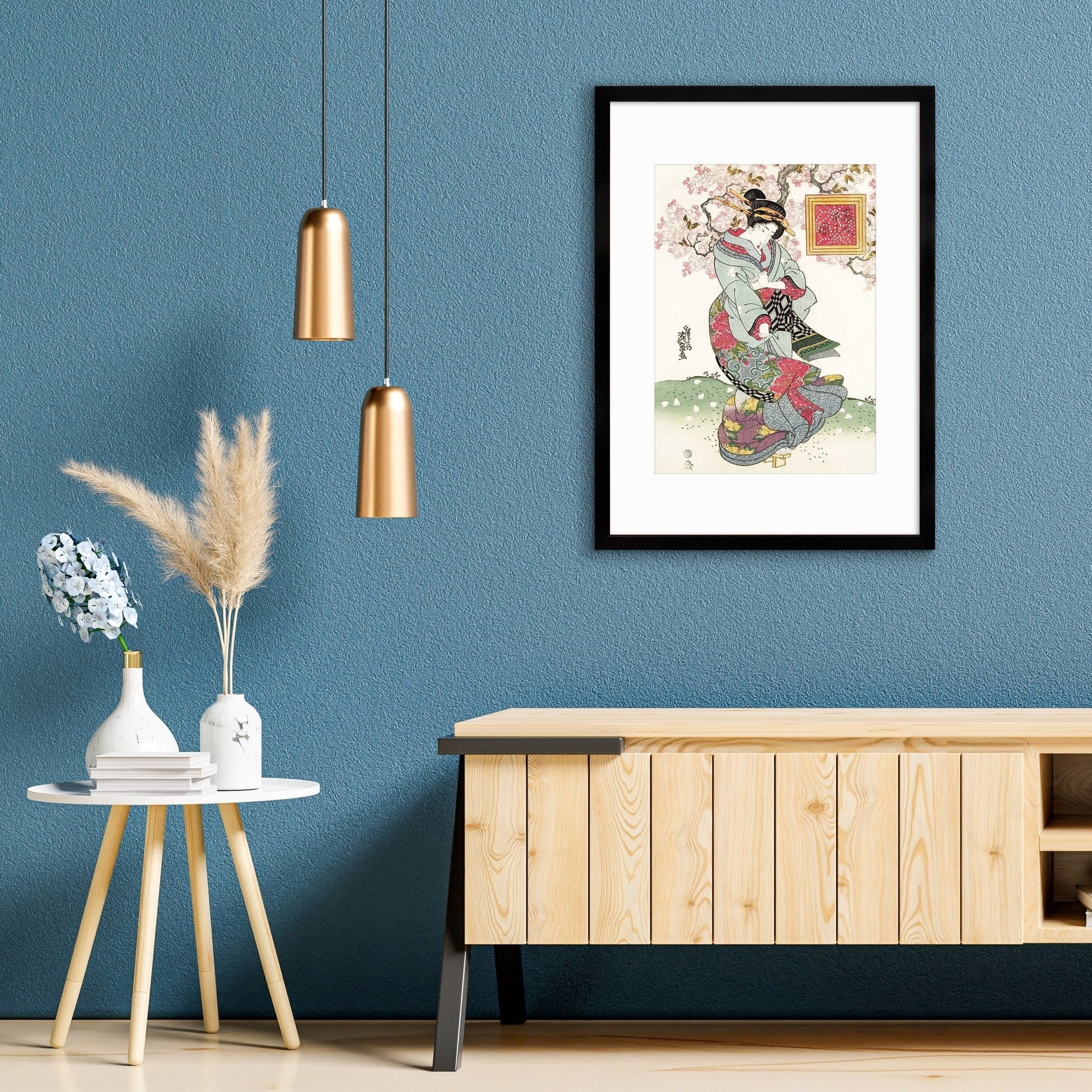 Japanese Art Geisha Sakura Framed Mounted Ukiyo-e Wall Decor Print Poster Woodblock Keisai Eisen Maiko Bijin Cherry Blossoms Beautiful A2 A3