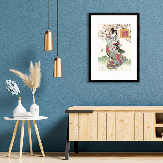 Japanese Art Geisha Sakura Framed Mounted Ukiyo-e Wall Decor Print Poster Woodblock Keisai Eisen Maiko Bijin Cherry Blossoms Beautiful A2 A3