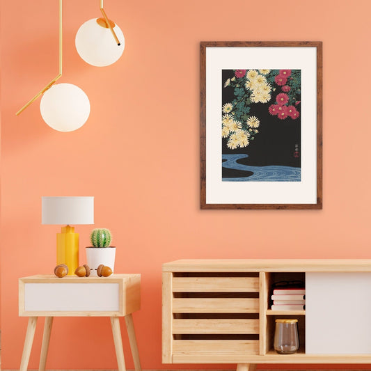 Japanese Art Chrysanthemums Framed Mounted Ukiyo-e Wall Decor Print Poster Woodblock Koson Shoson Flowers and Running Water Beautiful Japan