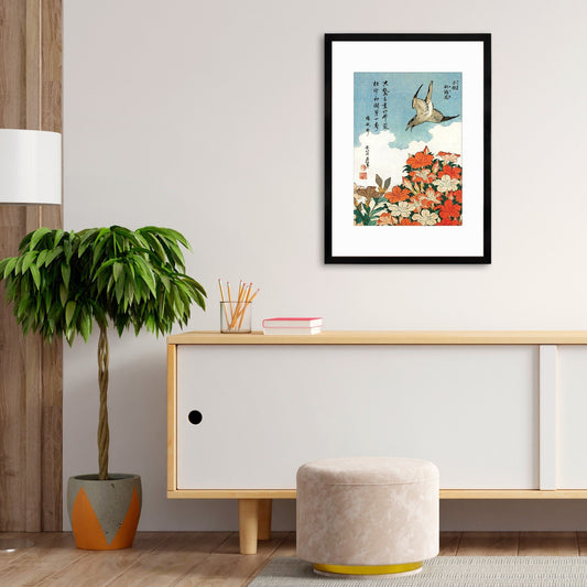 Japanese Art Framed Mounted Ukiyo-e Wall Decor Print Poster Woodblock Hokusai Flower Floral Azalea Cuckoo Bird Calligraphy Beautiful Haiku