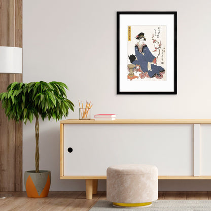 Japanese Art Geisha Blossoms Framed Mounted Ukiyo-e Wall Decor Print Poster Woodblock Maiko Bijin Kimono Flower Tattoo Calligraphy Beautiful