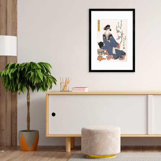Japanese Art Geisha Blossoms Framed Mounted Ukiyo-e Wall Decor Print Poster Woodblock Maiko Bijin Kimono Flower Tattoo Calligraphy Beautiful