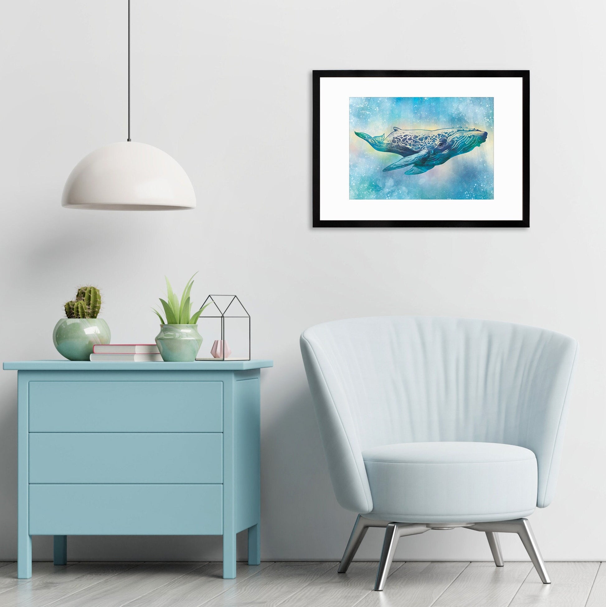Humpback Whale Art Print Poster Wall Decor Framed Mounted Watercolour Pencil Drawing Frame Sea Orca Dolphin Ocean Nature Planet Earth A3 A2