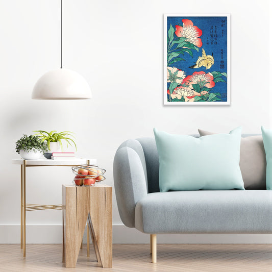 Japanese Art Print Poster Woodblock Ukiyo-e Framed Mounted Wall Hokusai Flower Floral Peonies Canary Bird Tattoo Beautiful Calligraphy A2