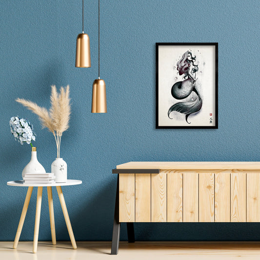 Mermaid Wall Art Framed Print Poster Japanese Calligraphy Yokai Anime Manga Ukiyo-e Woodblock Elegant Room Decor Beautiful Pretty Aesthetic