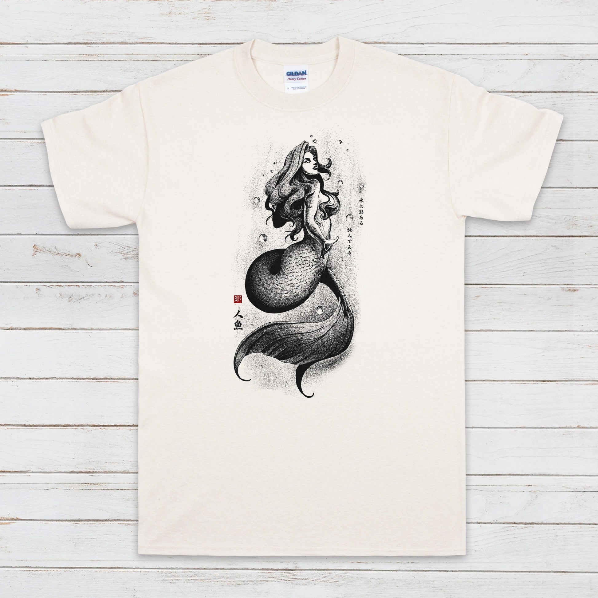 Mermaid Japanese Calligraphy T Shirt Gyotaku Traditional Ukiyo-e Japan Anime Manga Kanji Kyoto Siren Queen Kawaii Womens Mens Printed Tee