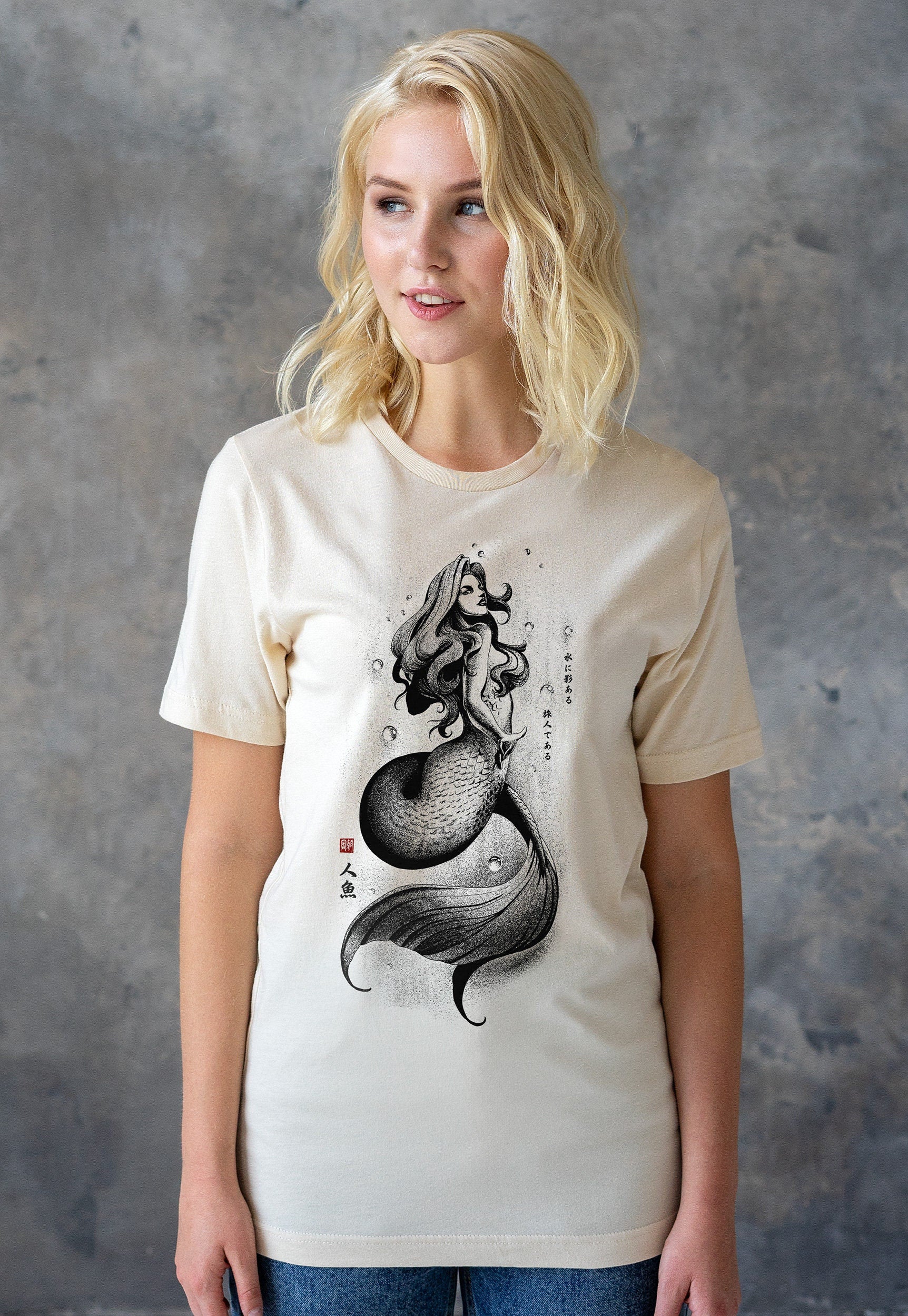 Mermaid Japanese Calligraphy T Shirt Gyotaku Traditional Ukiyo-e Japan Anime Manga Kanji Kyoto Siren Queen Kawaii Womens Mens Printed Tee