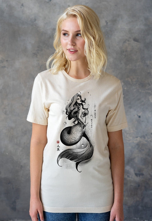 Mermaid Japanese Calligraphy T Shirt Gyotaku Traditional Ukiyo-e Japan Anime Manga Kanji Kyoto Siren Queen Kawaii Womens Mens Printed Tee