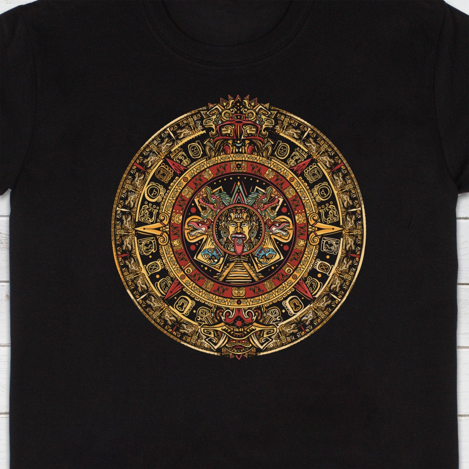 Aztec Mayan Round Calendar Symbols T Shirt Earth Vegan Incan Art Peru Quetzalcoatl Pyramid Mystic Serpent Andes Womens Mens Printed Tee Gift