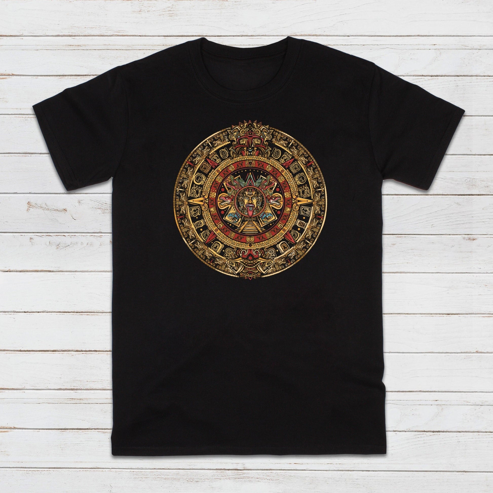 A black unisex T Shirt printed with a colourful Mayan Aztec Incan round calendar design