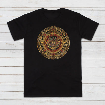 A black unisex T Shirt printed with a colourful Mayan Aztec Incan round calendar design