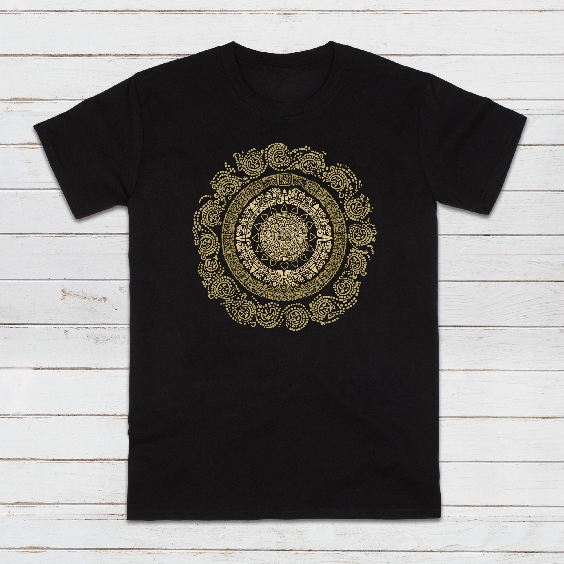A black unisex T Shirt printed with a large design of a gold-coloured MayanIncan Aztec round calendar